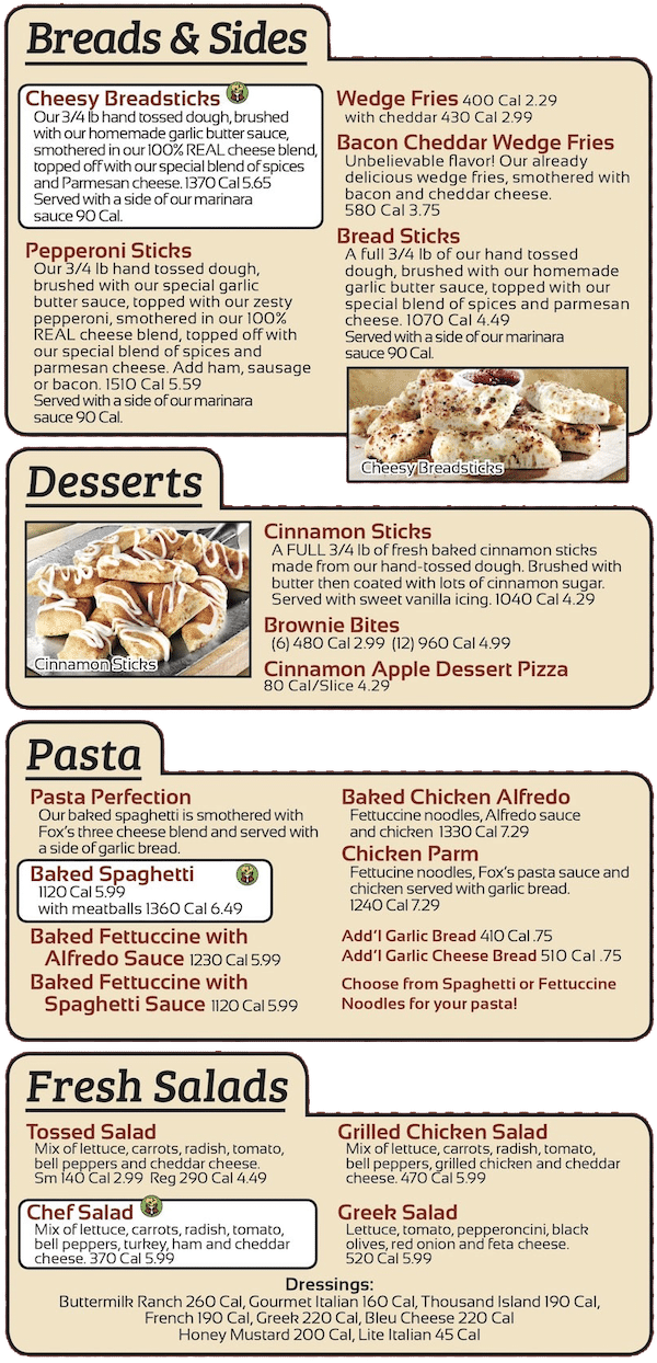 MENU Pizza Menu & Discount Coupons Foxs Pizza Johnson City TN